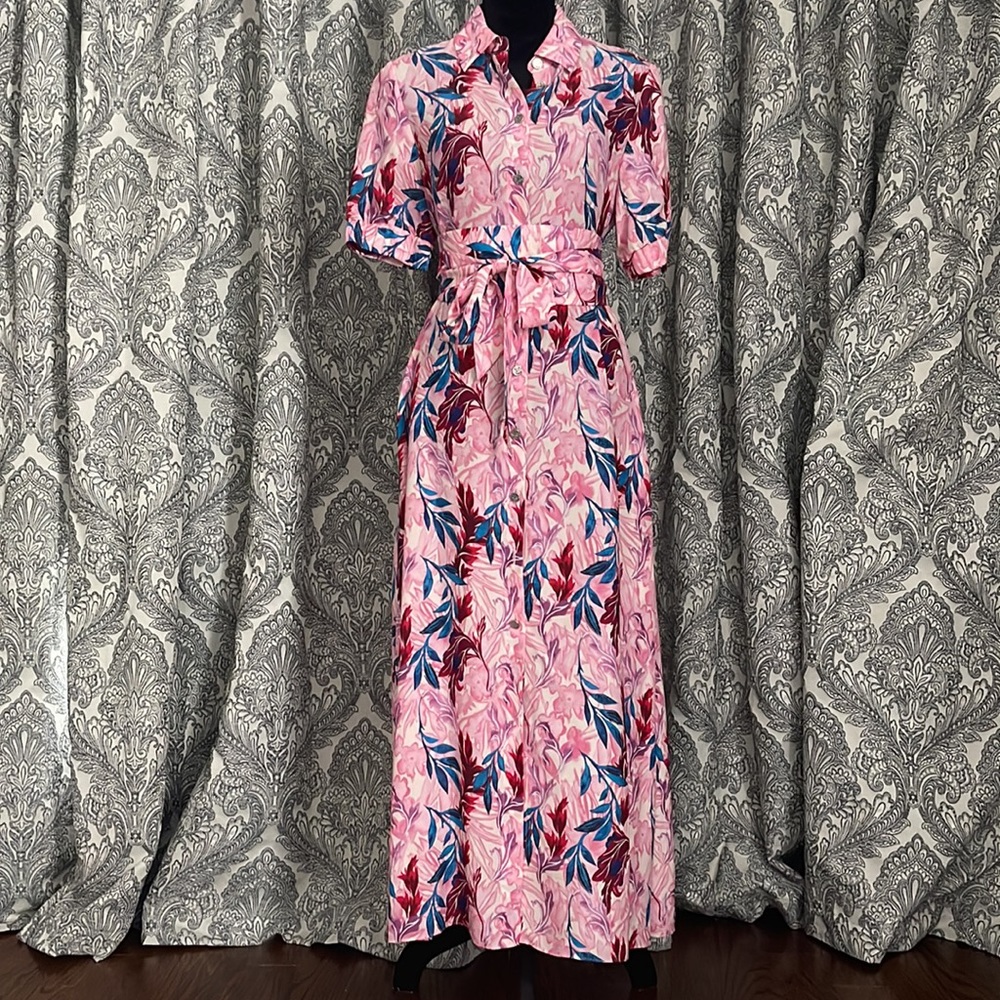 SILKY LONG FLORAL SHIRT DRESS